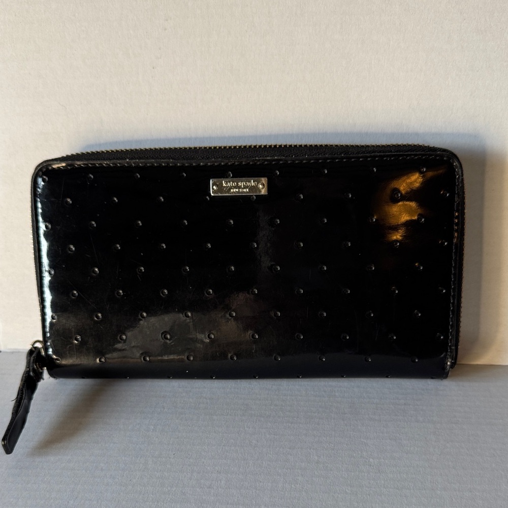 Kate Spade Black Patent Zip Around Wallet Dot Embossed